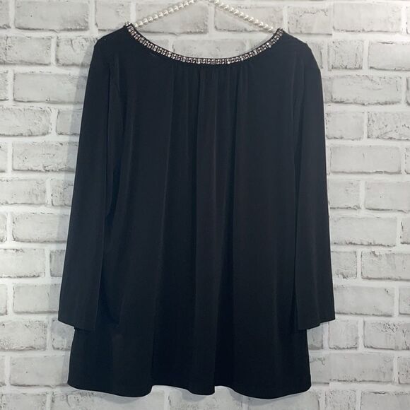 Liz Claiborne Blouse Black V Neck Embellished Neckline Rhinestones Size 1X - Picture 6 of 7